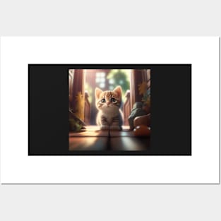 Cute Brown Kitten at Home | White, brown and red cat with green eyes | Digital art Sticker Posters and Art